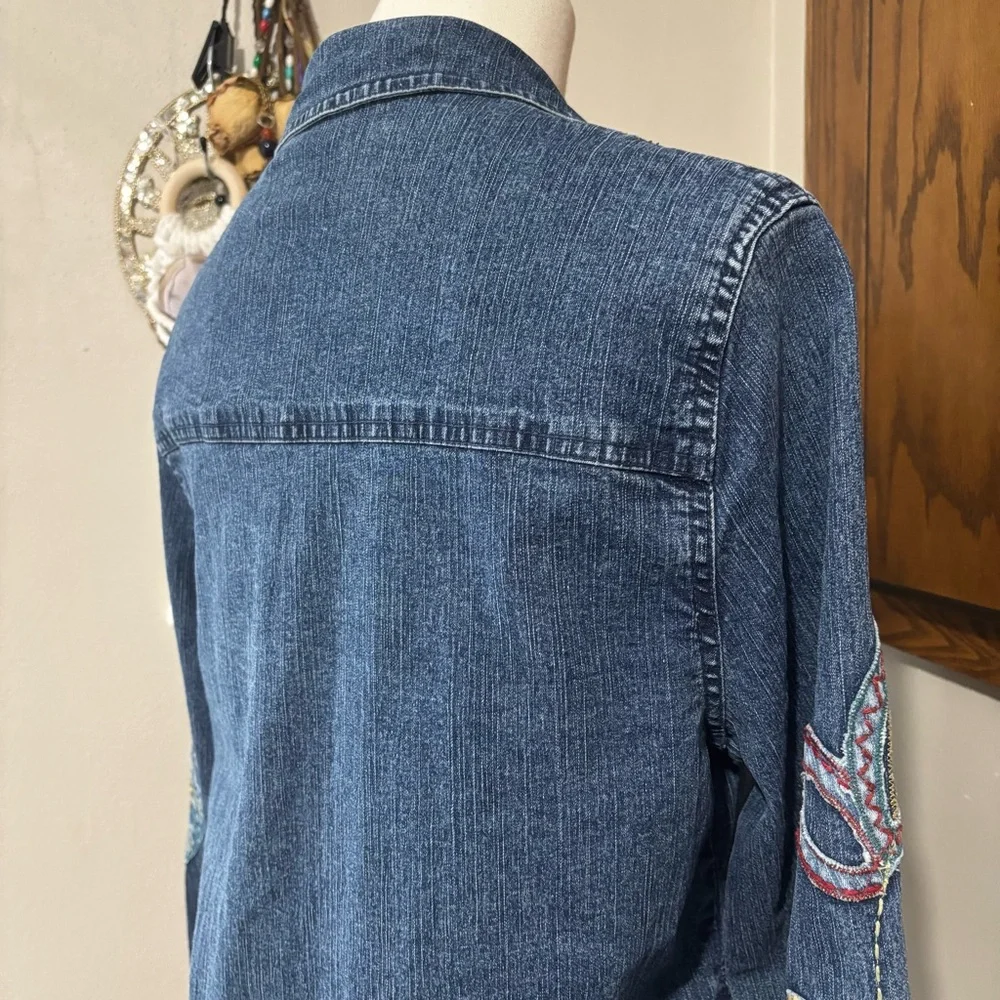 Floral Embroidered Long Sleeve Button Up Denim Jean Jacket Size 8 Petite Vtg Y2K - Picture 7 of 13